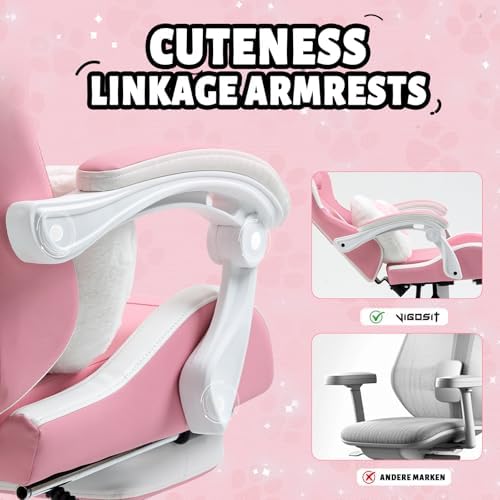 Vigosit Pink Cat Ear Gaming Chair with Footrest - Cute Gaming Chair for Girls, 310lbs Capacity, Adjustable Height & Lumbar Support, Ergonomic Computer Chair for Teens