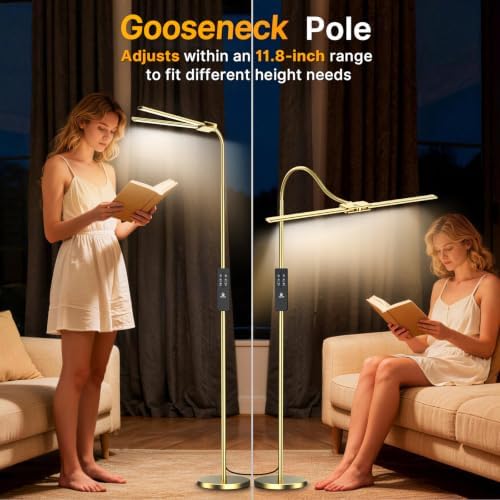 Syrinx LED Floor Lamp, 18W 2000LM Bright Reading Floor Lamp for Office, Gesture & Remote Control, Dual Head Gooseneck Standing Lamp, Dimmable Brightness & Color Temp, Floor Light for Living Room, Gold