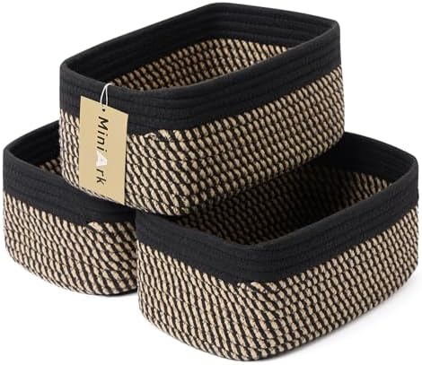 MiniArk Small Storage Baskets for Organizing | Closet Organizer Bins | Shelf Toy Basket | Woven Rope Baskets | Cube Decorative Box | Shallow Basket | 11.5x7.5x4.7” | 3 Packs Black Brown