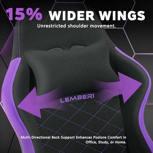 LEMBERI Gaming Chair, Fabric Big and Tall Video Game Chairs with Footrest, Massage Lumbar Support, Racing Style Ergonomic Computer Gamer Chair with Adjustable Headrest (Purple)