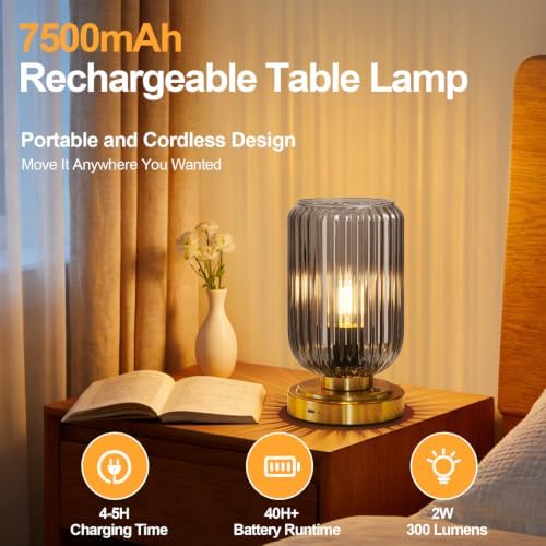 LightRound Cordless Table Lamp for Bedroom, Touch Stepless Dimmable