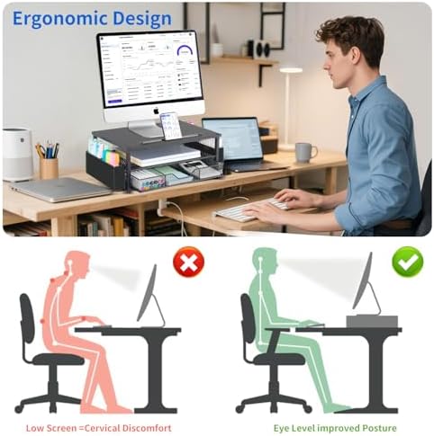 AUPSEN Wood Computer Monitor Stand Riser, 2-Tier Black Desk Organizer with Drawer, Pen Storage & Phone Holder ，Office Desk Accessories Desktop Organizer for Office Supplies (Black)