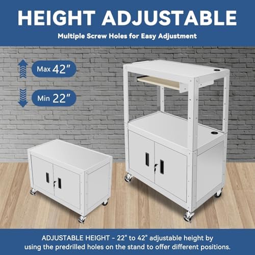 Auto Dynasty Utility Steel AV Cart, Height Adjustable Rolling AV Cart with Locking Storage Cabinet and Pullout Keyboard Tray for Video Projector Laptop Computer, 18" x 32" x 42", 3 Outlets, Grey