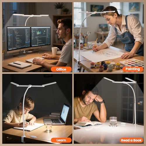 LED Desk Lamp for Office Home, Adjustable 3 Head Desk Light with Adapter