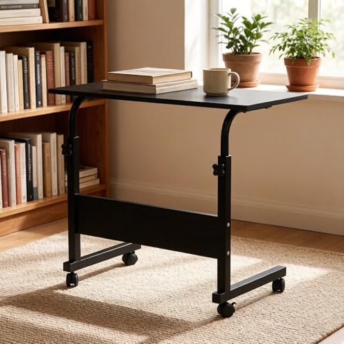 Standing Desk - Side Table Adjustable Height, Portable Laptop Cart, C-Shaped Bed Couch end Tables with Edge Stopper - Wheels for Living Room Bedroom Walking Pad Treadmill 23.6Inch Black