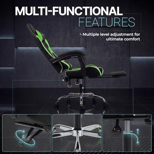 Dowinx Gaming Chair Ergonomic, Massage Lumbar Support, Footrest, Adjustable Height & Headrest Pillow, Heavy Duty 330lbs Office Chair, Comfortable for Back Pain Relief Long Gaming Streaming Deep Green