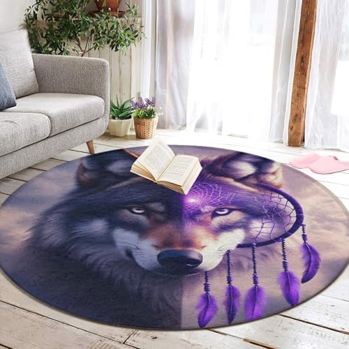 Soft Round Yoga Carpet, Office Chair Decor Round Mat for Carpet and Hardwood Floors Dream Catcher Wolf
