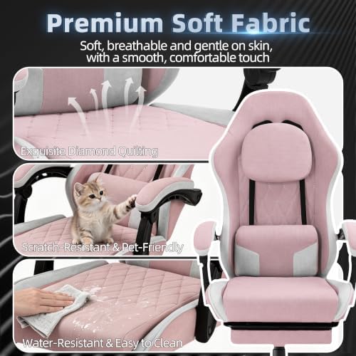 Gaming Chair for Adults, Fabric Gaming Chair with Footrest and Pocket Spring Cushion, Ergonomic Gamer Chair with Lumbar Support, Reclining Computer Gaming Chair with High Back, Pink