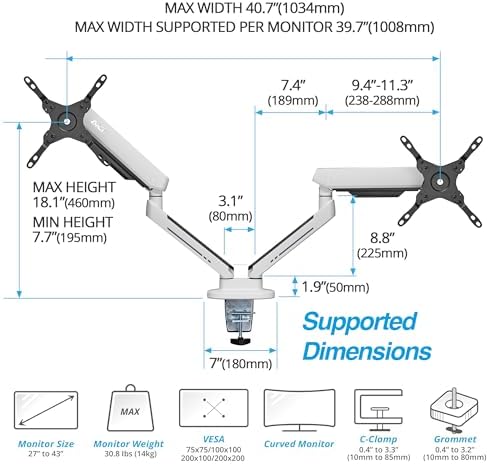 AVLT Dual 27”-43” RGB Gaming Monitor Arm Desk Mount - White