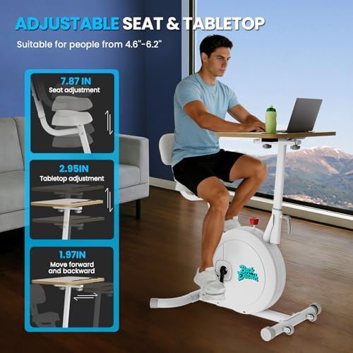 3-in-1 Desk Exercise Bike, Quiet Stationary Bike with Laptop Tray & Backrest, Adjustable Bike Desk Workstation, Space-Saving Under Desk Bike for Home Office Cardio, Weight Loss & Family Low-Impact Workout