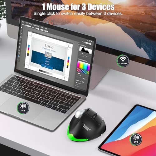 TRELC Wireless Trackball Mouse, Ergonomic Rollerball Mouse with 4800 DPI/7 Programmable Buttons, Thumb Control Mice, Rechargeable Optical Mouse for 3 Devices, for Windows, PC, Laptop, Tablet (Black)