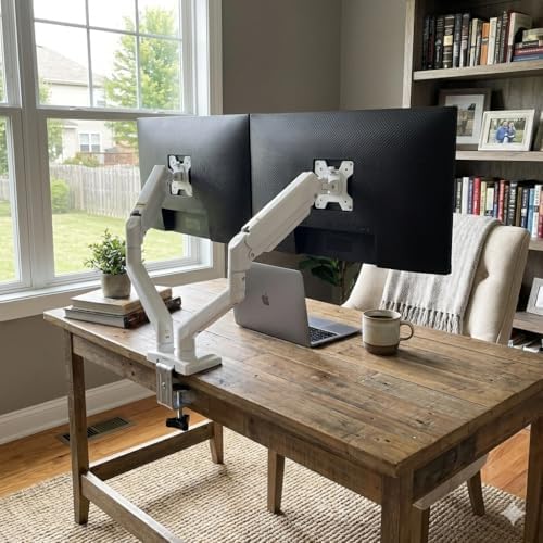 Dual Monitor Arms, Gas Spring Monitor Arms for 2 Monitors up to 34" Curved/Flat, 22lbs per Arm, VESA Mount 75x75 100x100mm, C-Clamp & Grommet Base, Adjustable Tilt/Swivel/Rotation White