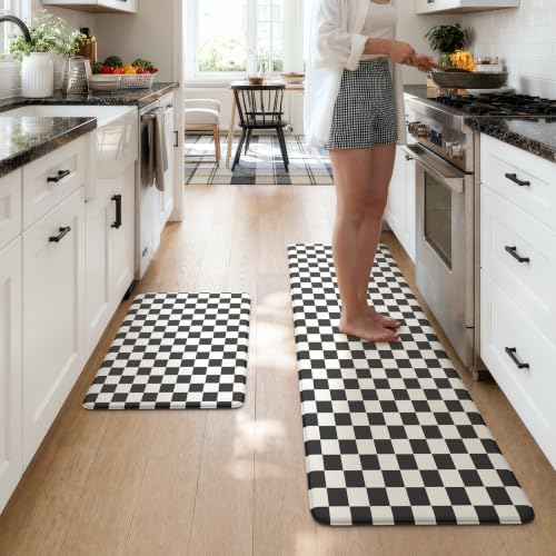 KIMODE Anti Fatigue Mats for Kitchen Floor,Checkered Kitchen Rugs Sets of 2