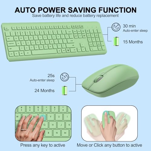 Wireless Keyboard and Mouse Combo, Full-Size Silent Ergonomic Keyboard and Optical Mouse, Long Battery Life, 2.4G Lag-Free Mice Keyboard for Mac, Laptop, PC, Windows(Avocado Green)