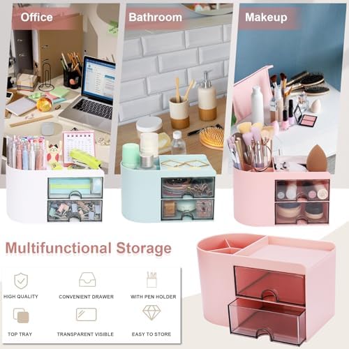 Meiikun Desk Organizer with Drawer, Pen Organizer for Desk, Small Pencil Holder, Desk Organizers and Accessories for Office Home Storage (2 Drawers+4 Compartments, Pink)