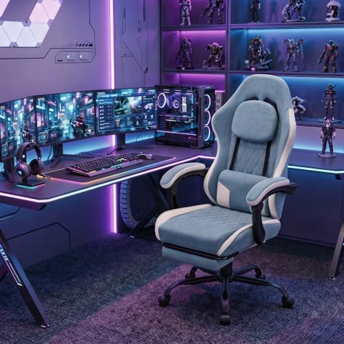 Gaming Chair for Adults, Fabric Gaming Chair with Footrest and Pocket Spring Cushion, Ergonomic Gamer Chair with Lumbar Support, Reclining Computer Gaming Chair with High Back, Blue