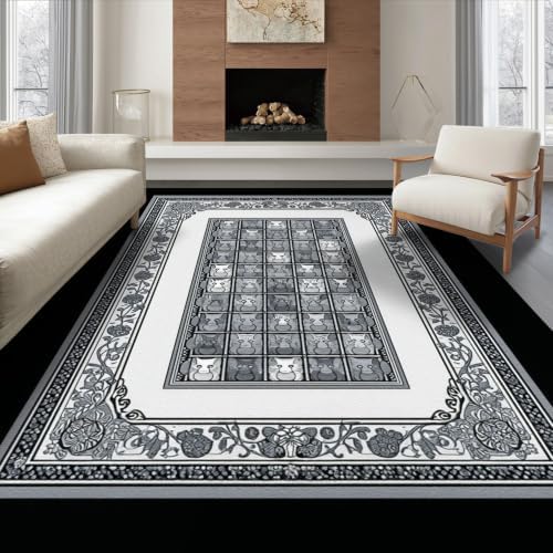 6'x9' Charcoal Gray Cat Motif with Vine Border Ultra-Soft Area Rug