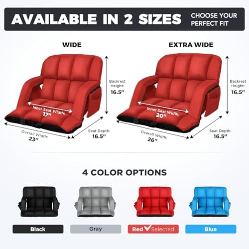 Stadium Seats with Back Support Wide, 4.7" Padded Bleacher Seat, 6-Position Reclining Bleacher Chairs with Back and Cushion, Sofa Style Ergonomic Design for Sports Games Baseball Football (25"Red)