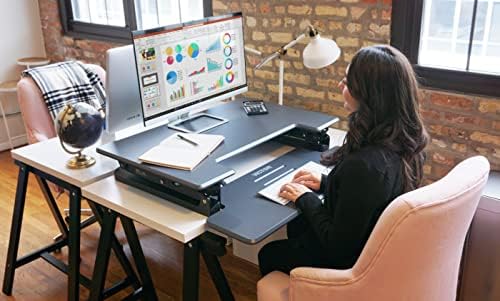 Victor High Rise 36-Inch Desk Converter, Height Adjustable Sit to Stand Riser, Dual Monitor and Laptop Workstation with Keyboard Tray, Gray