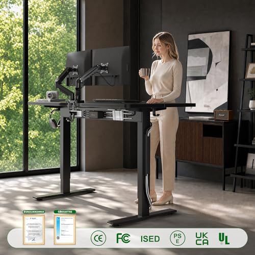 FEZIBO Electric Standing Desk with L-Shaped Crossbar & Cable Management System, 48 x 24 Inches Sit Stand up Desk, Adjustable Height Standing Desk for Home Office, Black