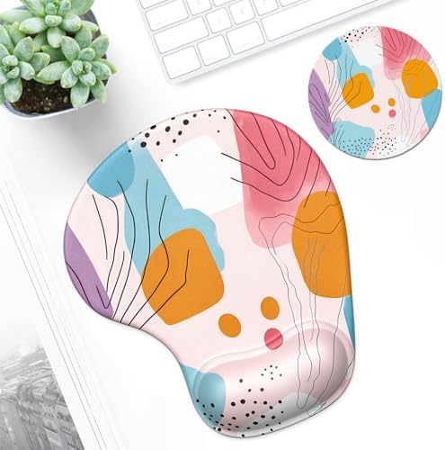 ITNRSIIET Ergonomic Mouse Pad Coaster Set with Gel Wrist Support Wrist Rest Smooth Surface Non-Slip PU Base Comfortable Office Supplies Pain Relief, 9.5 x 8.3 inches, Art Style Pattern