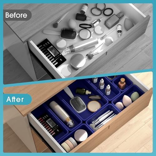 StoreHappily 16 PCS Drawer Organizer Set, 4 Size Makeup Drawer Divider Organizer With Non-Slip Pads, Interlocking Plastic Storage Bins for Office,Jewelry Vanity,Gadgets, Bathroom,Kitchen, Navy