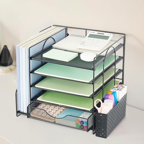 5-Tier Desk Organizer with Drawer and Pen Holder, Black