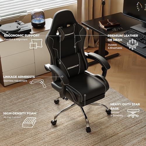 Dowinx Gaming Chair with Footrest, 330lbs Computer Chair 2D Lift Linkage Armrest, Massage Lumbar, Height Adjustable Ergonomic Comfy Video Game Chairs for Home Office Streaming, Long Gaming, Black