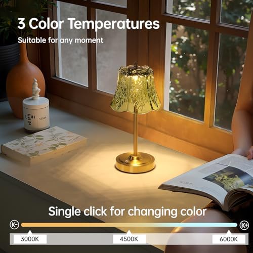 Shenmoyl Cordless Touch Table Lamp with 5200mAh Battery - 3 Adjustable Color Temperatures & Dimmable, Rechargeable Desk Lamp for Bedroom, Living Room, Office, Entryway, Bookshelves (Green Rose)