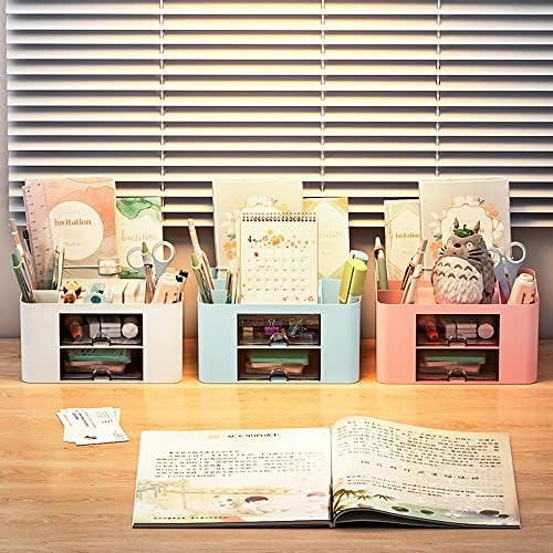 Creative & Simple Desk Organiser, 7 Grids, Plastic Table Organiser with Drawer, Multifunctional Desk Organiser, Pen Holder for School, Office, Home (Blue)