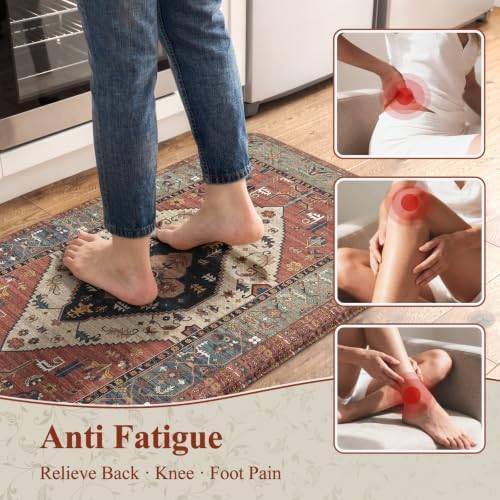 KIMODE Anti Fatigue Kitchen Mats for Floor 2 Piece, Farmhouse Kitchen Rugs, Non Slip Waterproof Kitchen Floor Mats, Memory Foam Standing Mats for Sink Laundry Office Desk Red 20"x71"+20"x32"
