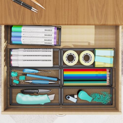 2 Pack Drawer Organizer for Desk, Small Office Supplies Pen Pencil holder, Metal Mesh Desktop Storage Trays for Office, Kitchen, Makeup, Vanity