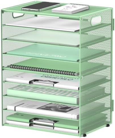 9-Tier Paper Organizer for Desk, Metal Letter Tray with Handles, Mint Green
