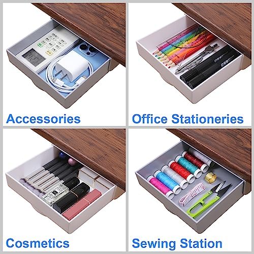 2 Pack Under Desk Drawer Self-Adhesive Desktop Storage Organizer, Hidden Attachable Slide Out Desk Drawer, Under Table Tray for Pencil Pen Stationery Office Organization, White