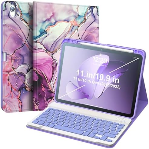 iPad 11th/10th Generation Case with Keyboard, Wireless Keyboard Cover for iPad 11 inch 2025 & 10.9 inch 2022, Detachable Magnetic Folio with Pencil Holder Auto Sleep/Wake Violet Marble