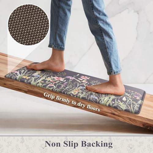KIMODE Anti Fatigue Kitchen Mat, Farmhouse Floral Kitchen Rugs Grey Purple