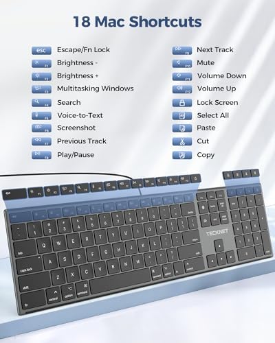 TECKNET Wired Keyboard for Mac, USB & Type-C Dual Interface, Silent Click