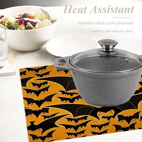 Shrahala Happy Halloween Funny Set Of 4 12 X 18 Inch Linen Placemats , Bats Cute Yellow Background Burlap Table Mat Washable Double Layered Heat Insulation For Indoor/Outdoor