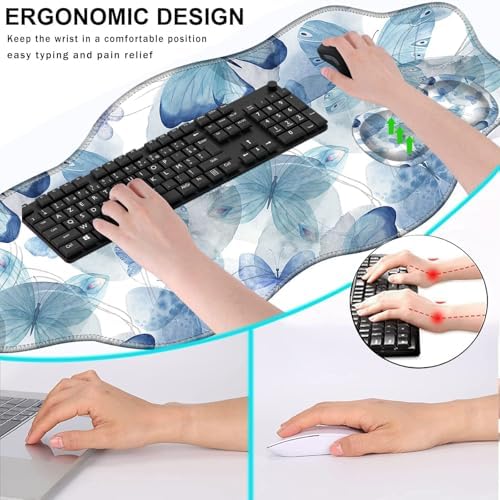Mouse Pad with Wrist Support + Desk Mat + Coaster 3 in 1 Set, XXL Large Gaming Mousepad Ergonomic Mouse Pads for Desk Computer Laptop Office,Blue Butterfly