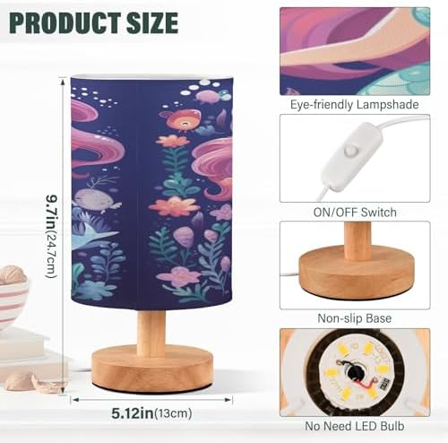 ALAZA Beautiful Mermaid Navy Blue Decor Bedside Table Lamp with USB Port for Bedroom Nightstand Office Desk LED Bulb Included