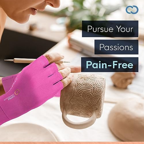 Copper Compression Arthritis Gloves | Fingerless Arthritis Carpal Tunnel Pain Relief for Men & Women | Hand Support Wrist Brace for Neuropathy, Rheumatoid, Tendonitis, Swelling, Crocheting Pink XS