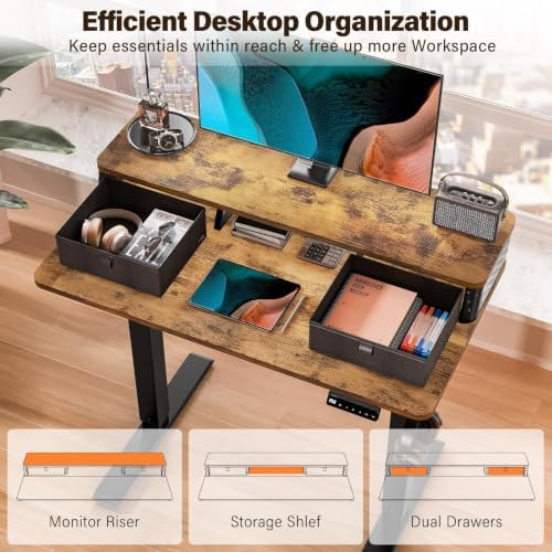 Kingant 40x24 Inch Electric Standing Desk with Dual Drawers, Rustic Brown