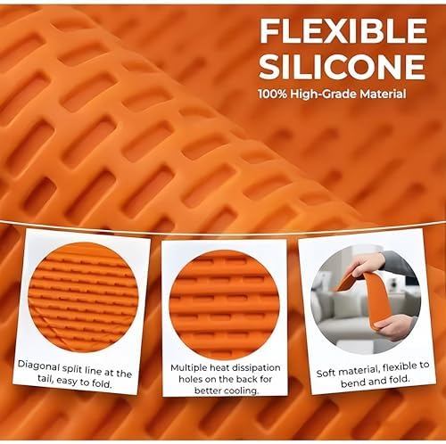 Flexible Silicone Aluminum Phone Holder Tablet Stand with Charging Port Design, Foldable Airplane Laptop/Phone Stand for Home Office Travel (Orange)