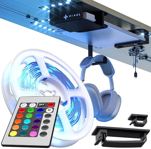 VI+AL Under Desk Laptop Mount - Hidden Metal Shelf with Side Storage, Hook & Cable Organizer - Installs with Tape & Screws - Fits Devices up to 1.7" Thick - Deluxe + LED (USB Light Strip & Remote)