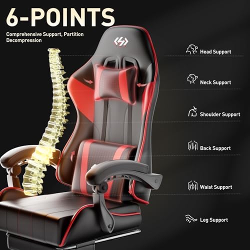 HLDIRECT Gaming Chair with Footrest, Lumbar Support & Headrest, Black&Red