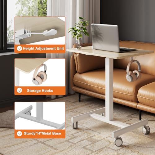 Mobile Desk on Wheels, Pneumatic Height Adjustable, Maple+White