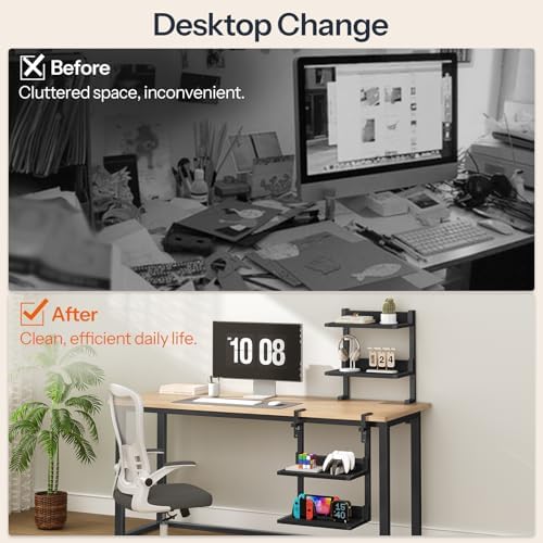 HOOBRO Clamp On Desk Shelf, 2-Tier Desktop Organizer, Space-Saving Desk Shelf with Adjustable Shelves, for Office, Study, Entertainment Accessories, Black BK32SJ01