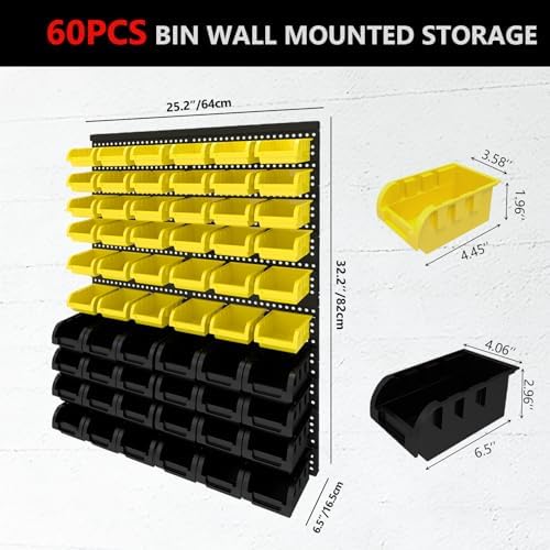 60Pcs Plastic Wall Mounted Storage Bins Parts Rack Nuts And Bolt Bins Organizer For Shop Garage for Screws, Nuts, Bolts, Nails, Beads, and Small Hardware Parts (YELLOW+BLACK, 60)