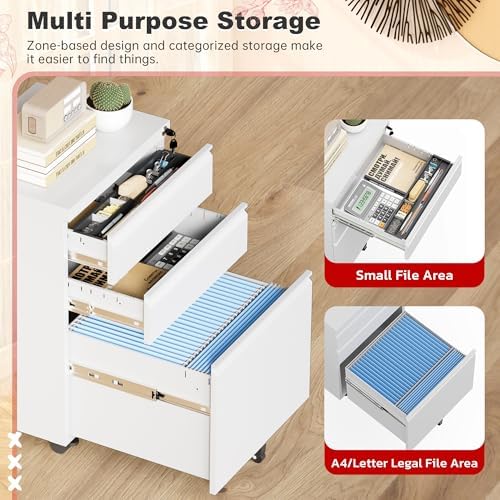 Superday White 3 Drawer Mobile Locking File Cabinet, Metal Rolling Vertical Filing Cabinet with Drawers, Small Under Desk File Cabinets for Office and Home, Fully Assemble