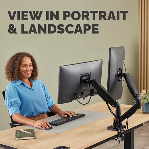 Fellowes Everyday Plus Dual Gas Spring Monitor Arm Holds Two Screens up to 32" Weighing 4.4-19.84 lbs ea, Height Adjusting, Tilt, Swivel, Rotate, VESA 75/100, Clamp or Grommet Mount, Cable Management